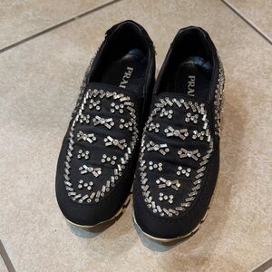 Prada Women's Black and Silver Embellished Sneakers